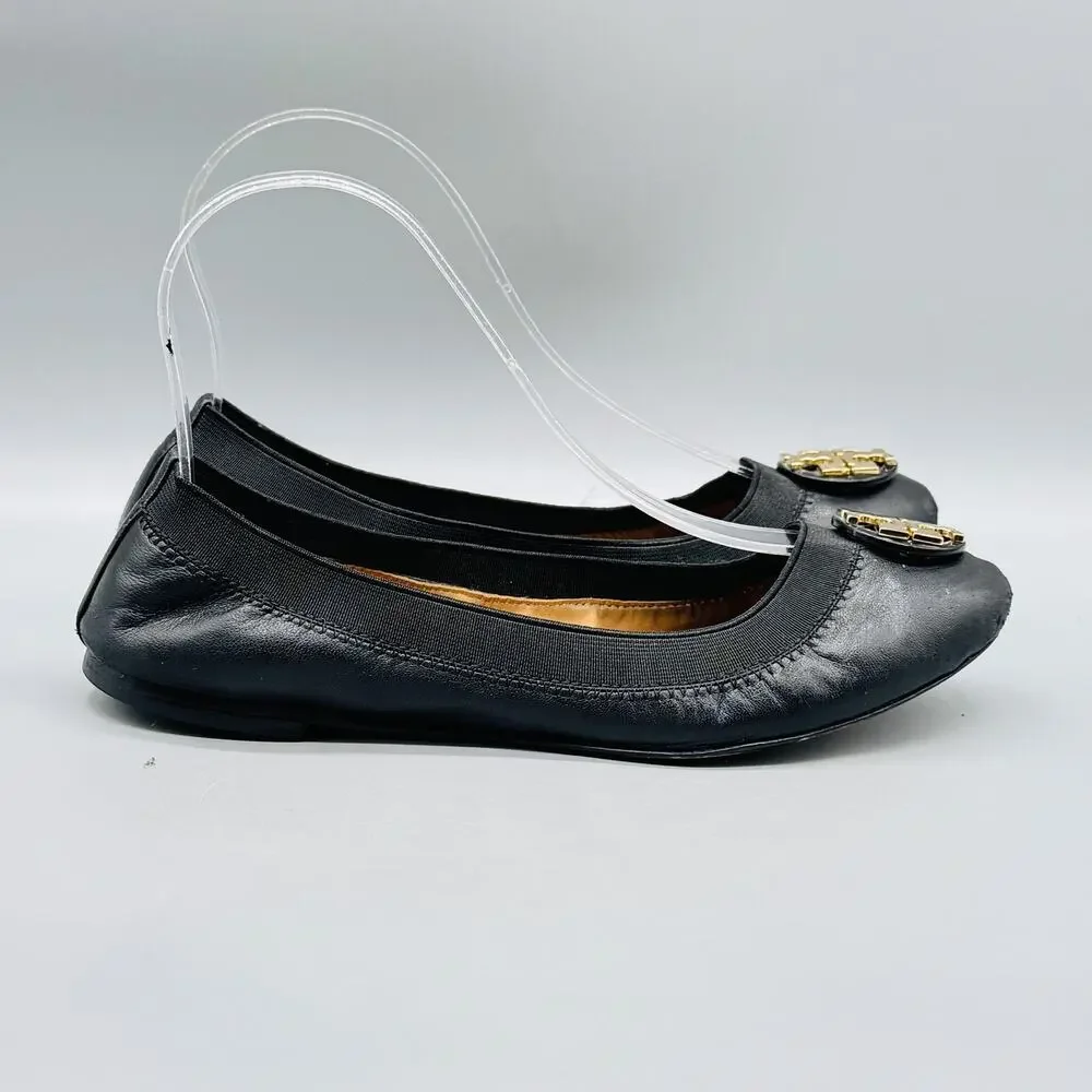 Tory Burch Shoes Womens 6 Black Leather Reva Ballet Flats Gold Logo Slip On